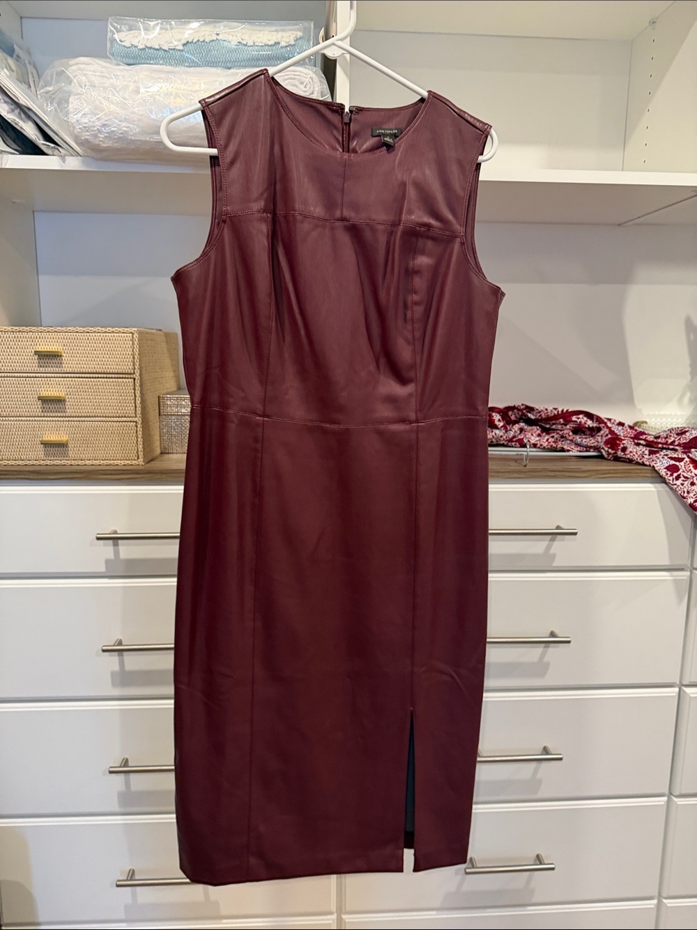 Ann Taylor Sleeveless Faux Leather Midi Dress in Burgundy